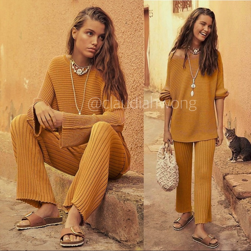 ✨RARE✨ FREE PEOPLE Imogene Rib Knit Sweater + Pants SET in Hayloft Yellow